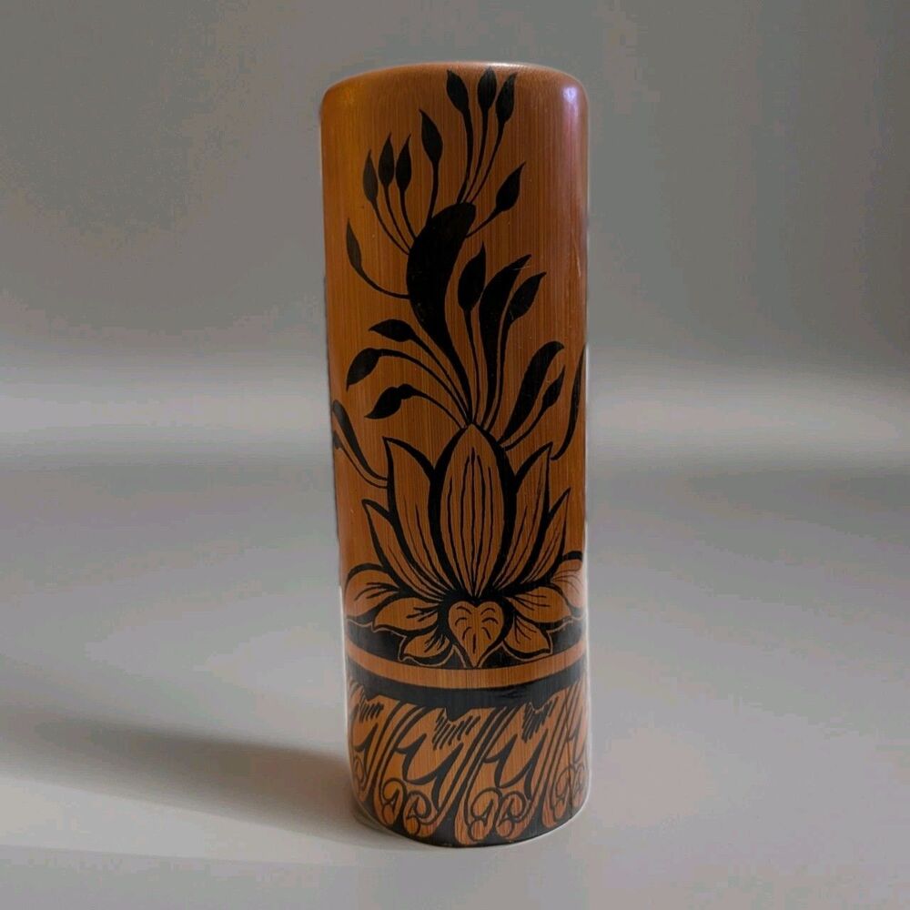 Vintage Abeysekera Industries Ceylon Lacquer Bamboo Cylinder Vase Hand Painted